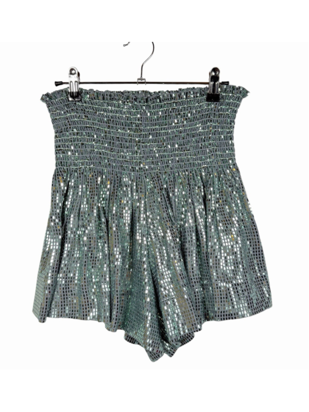 Queen of Sparkles Blue Shiny Pleated Metallic High Waist Women Shorts Size Small - Picture 1 of 10